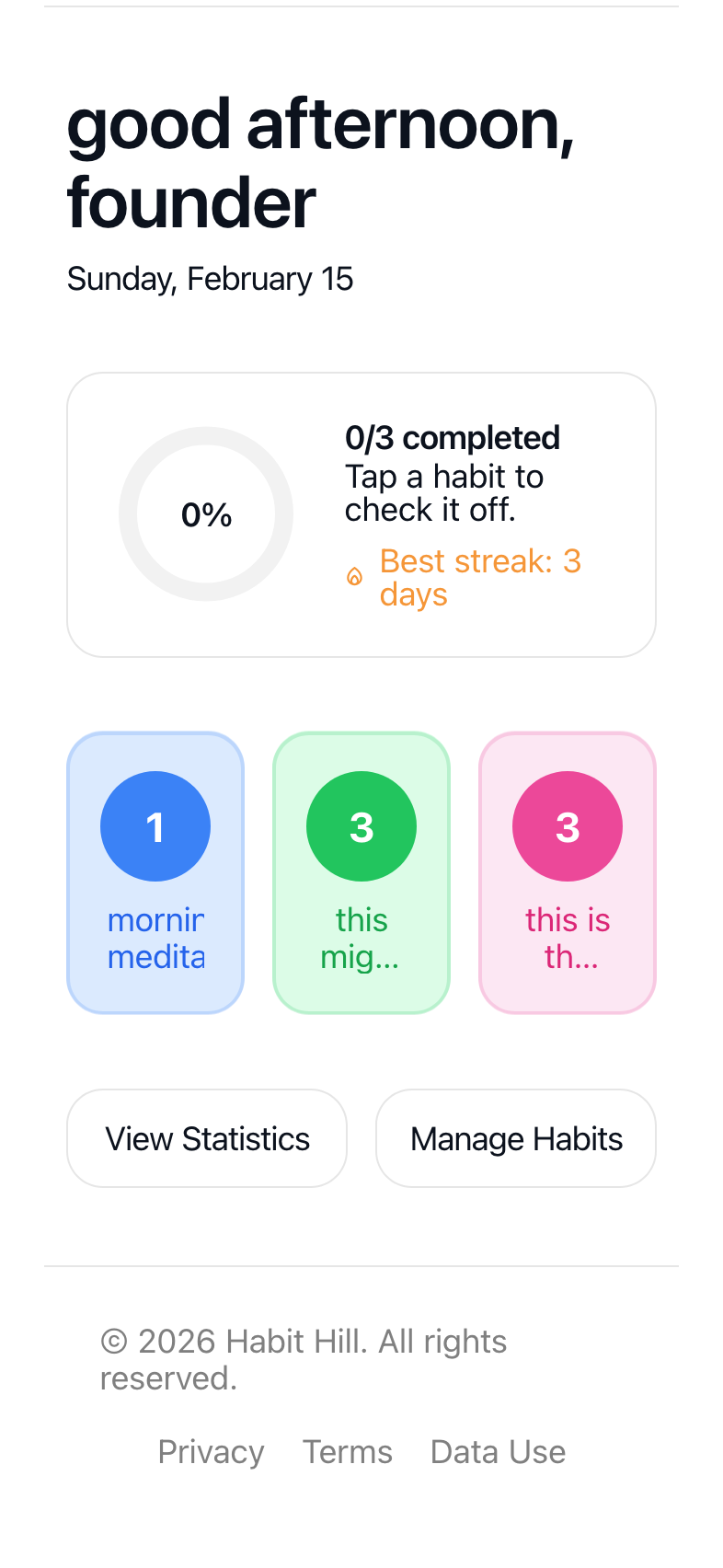 Habit Hill app dashboard showing daily habits with progress ring and streak counter