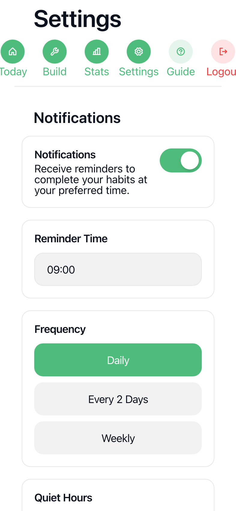Habit Hill settings page showing notifications, reminders, and frequency options